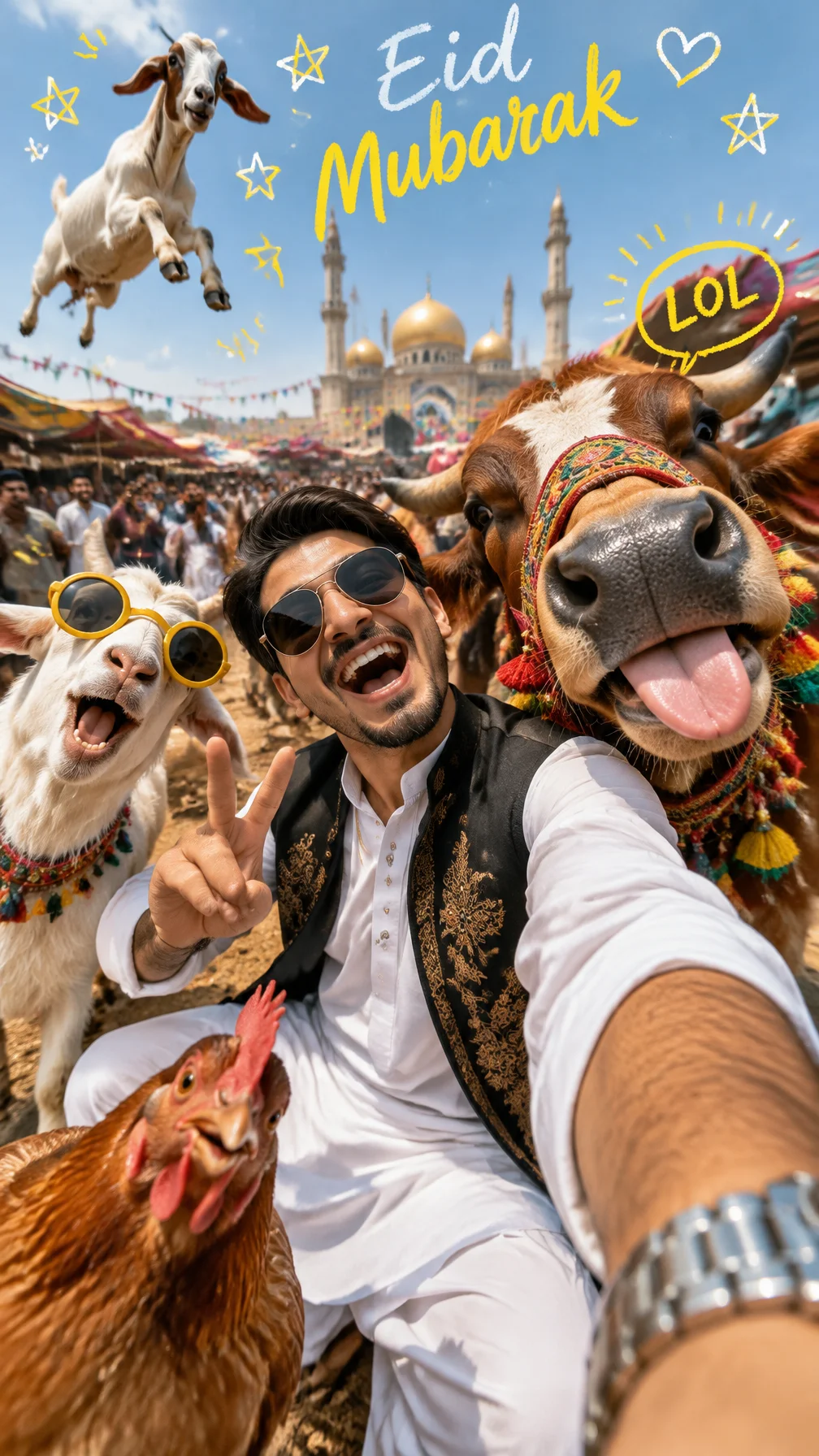 A hyper-realistic wide-angle selfie photograph with playf...