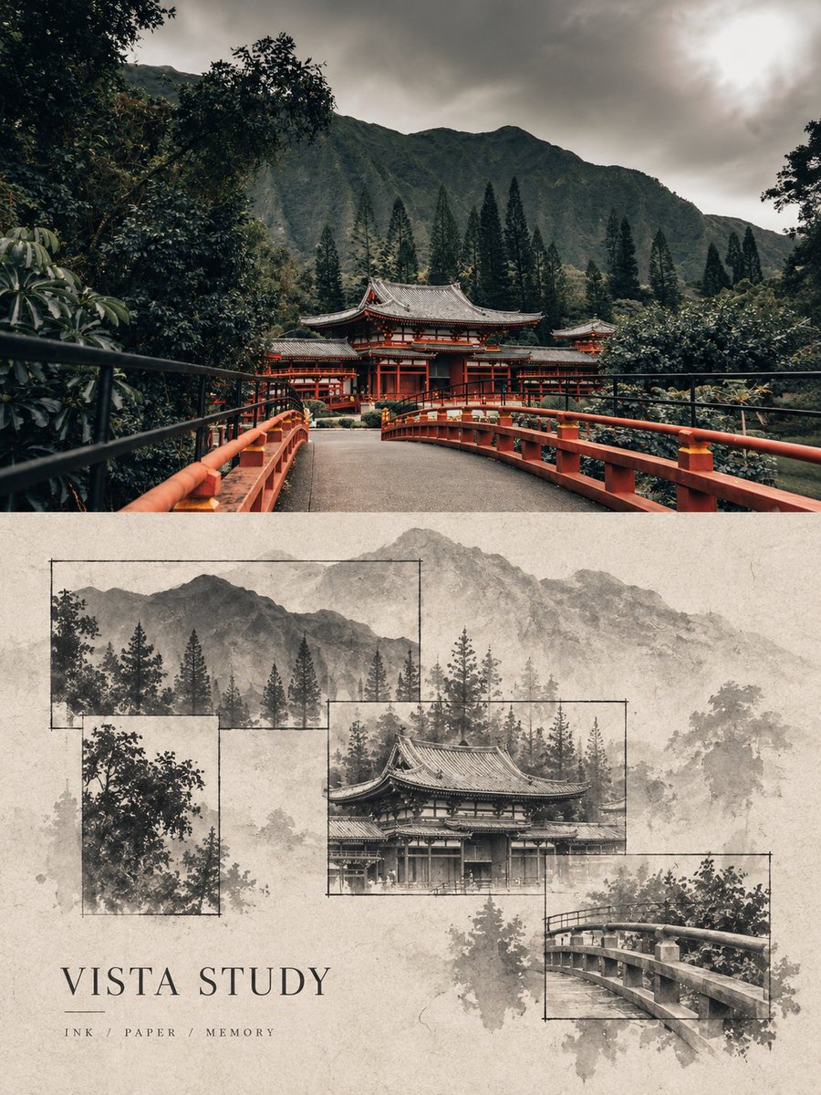 将输入的城市旅行照片制作成一张竖向3:4上下对比转绘海报，上半约50%保留原照片真实摄影，准确保留城市建筑、自然地形、街道、桥梁或水岸的主体、数量、透视和光线，只做轻微出版调...