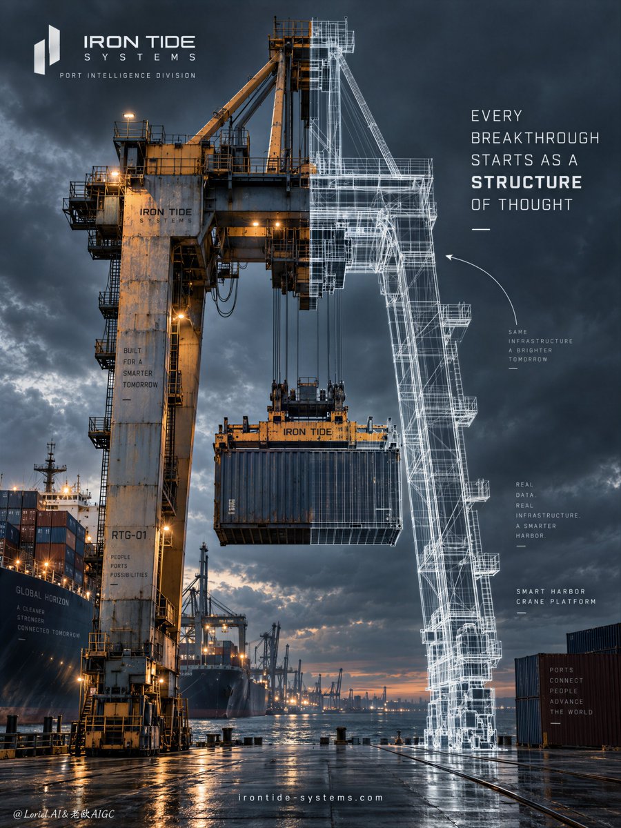 Create a Cannes-level industrial innovation poster for fictional smart-port engineering...