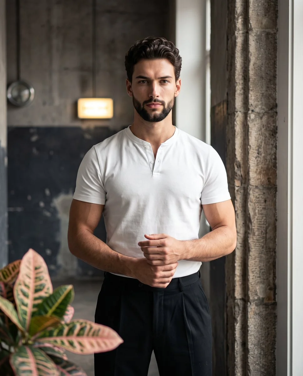 A portrait of a confident, muscular man standing perfectl...