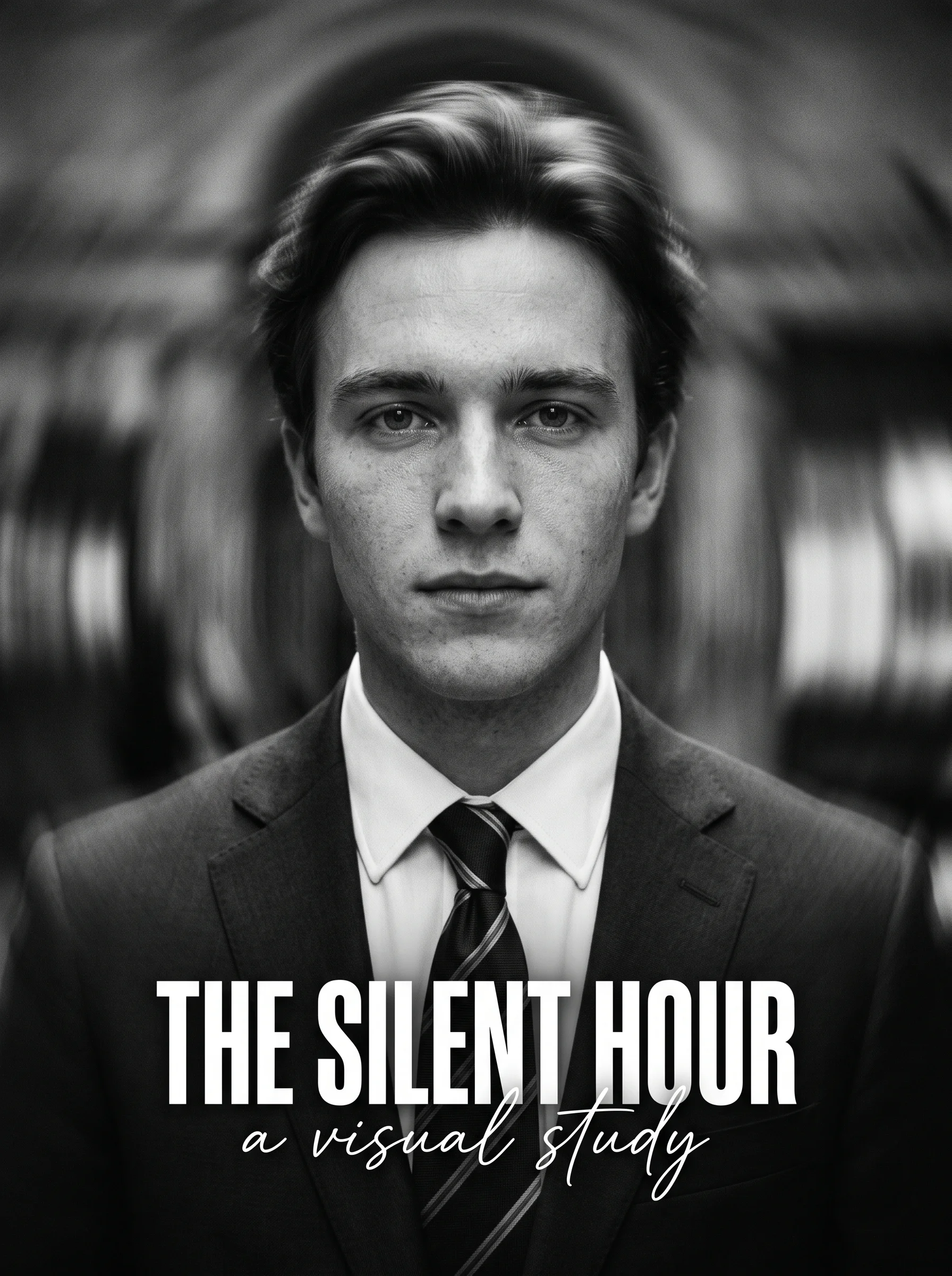 A close-up monochrome portrait of a young man in a dark t...