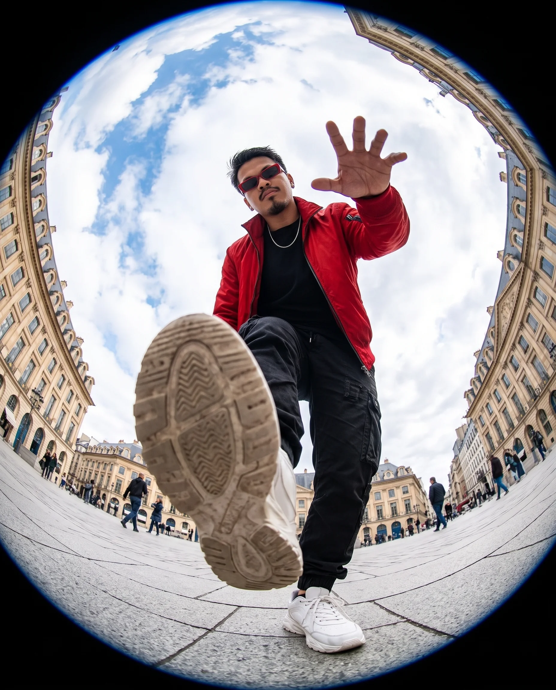 Ultra-realistic action photography, extreme fisheye lens,...