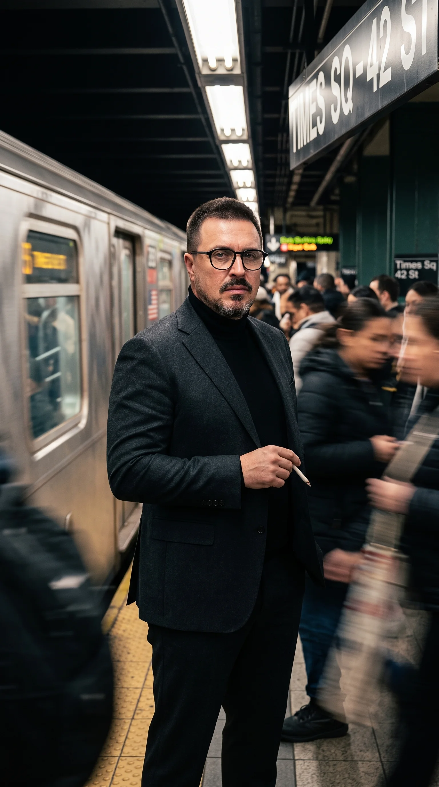 Cinematic portrait of a stylish man standing on a busy su...