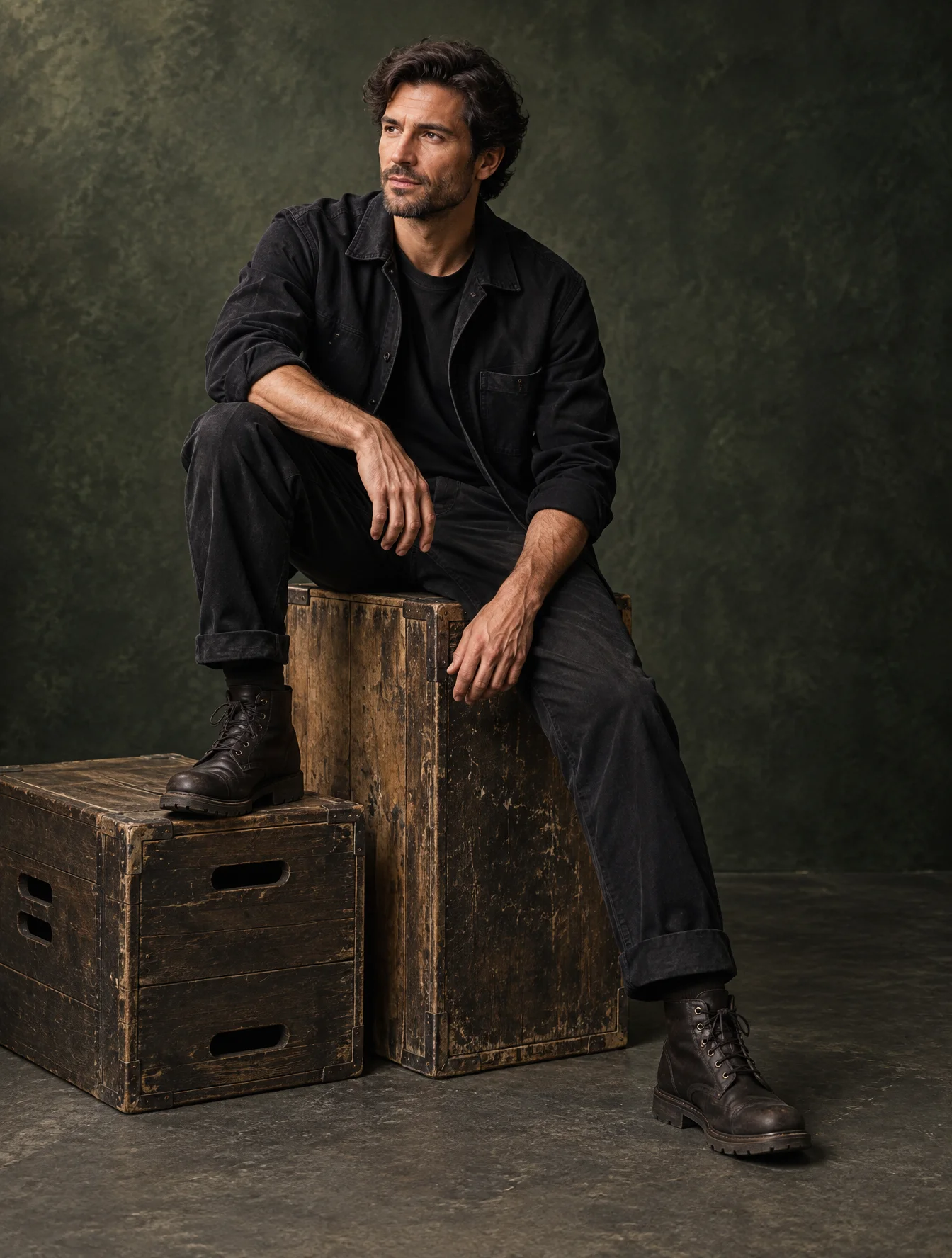 A contemplative adult man sits diagonally on a tall, worn...