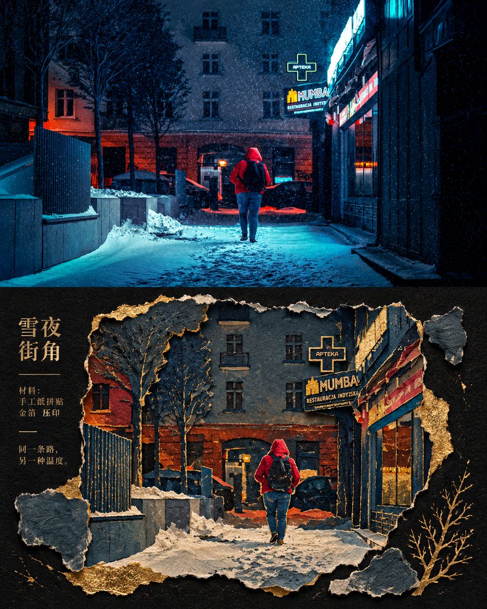 Primary request: 将输入照片转化为“鎏金古迹纸雕拼贴风”,同时保留照片事实与主体身份。
