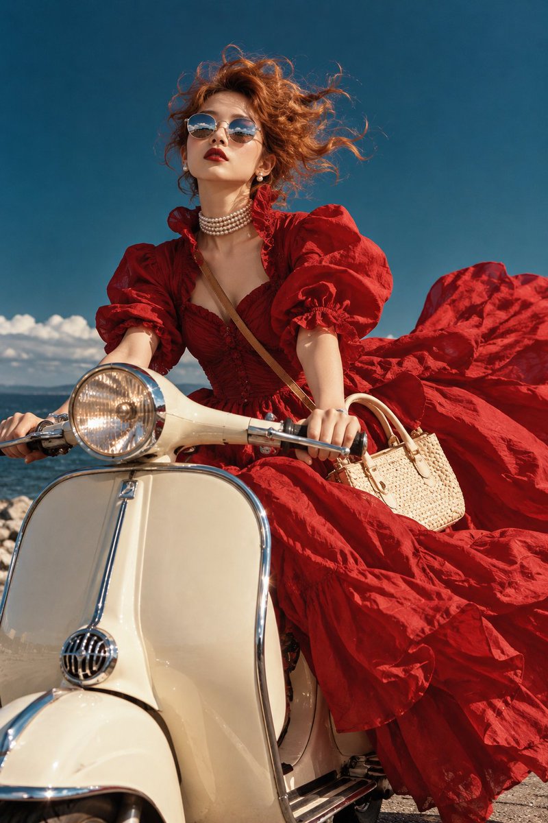Hyper-realistic cinematic high fashion editorial of a young woman with windswept copper...