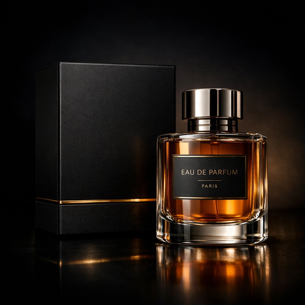 Luxury perfume product photography in a dark cinematic studio. A premium black matte perfume box with sharp e…
